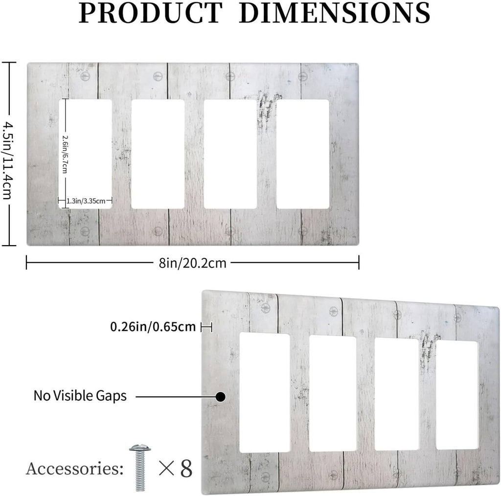 Rustic White Grey Wood Grain Wallplates 4 Gang Quad Rocker Decorative Light Switch Covers Electrical GFCI Faceplate Switch Plate for Bedroom Bathroom Decor