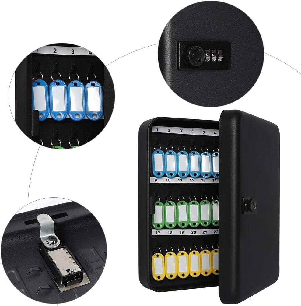 Jssmst Wall Mount Key Storage Box with Code, Locking Key Cabinet Security, 48 Key Hooks & Tags Labels, 11.81 x 9.45 x 2.95 inches, Black Matt