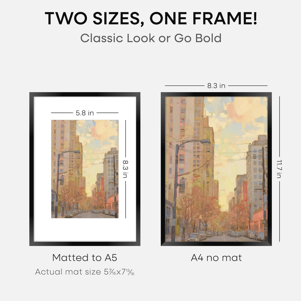 Homeforia A4 Picture Frame Black, High End Metal 8.3 x 11.7 Frames for Wall, A4 Photo Frame with Mat for A5 inch Print, 8.25 by 11.75 Black Poster Frames, 8.3x11.7 Frame with Glass, Wall Kit, Set of 4