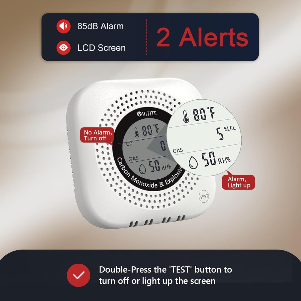 Carbon Monoxide ＆ Natural Gas Detector Plug-in, 4-in-1 Natural Gas, CO, Propane, Temp, Humidity & Explosive Gas Alarm with Foldable Plug for Home, Apartment, Hotel