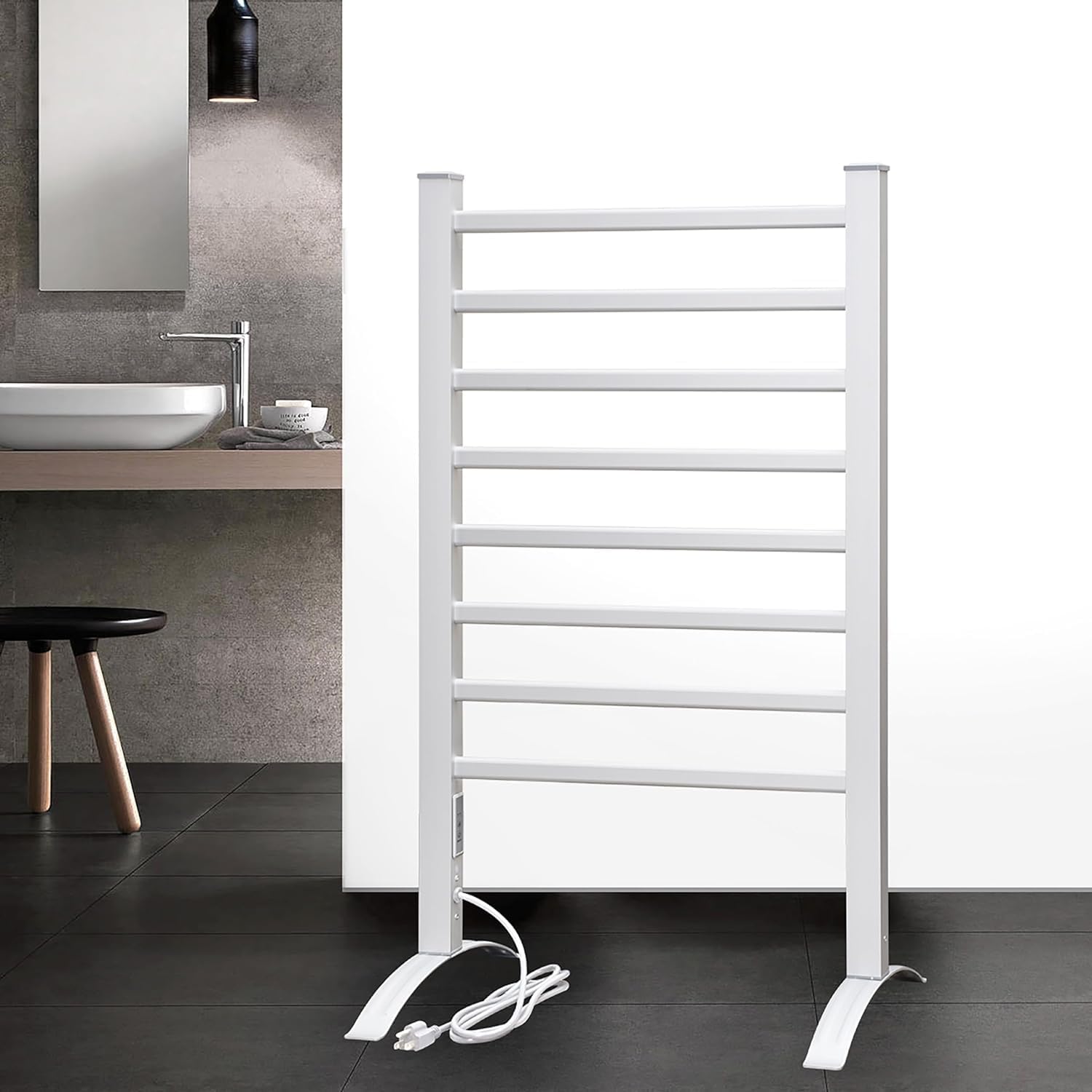 KEG Towel Warmer 8 Bars for Bathroom Freestanding or Wall Mounted Bath Towel Heater Plug-in with Built-in Timer Silver