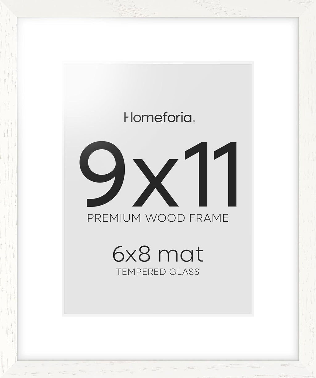 Homeforia 9x11 Frame White Wood, High End Oak 9 x 11 Picture Frames with Mat 6 by 8 Print, 9by11 White Wooden Frame Matted to 6x8 inch Photo, Wall or Tabletop Frames, Tempered Glass, Wall Kit, Set of 1
