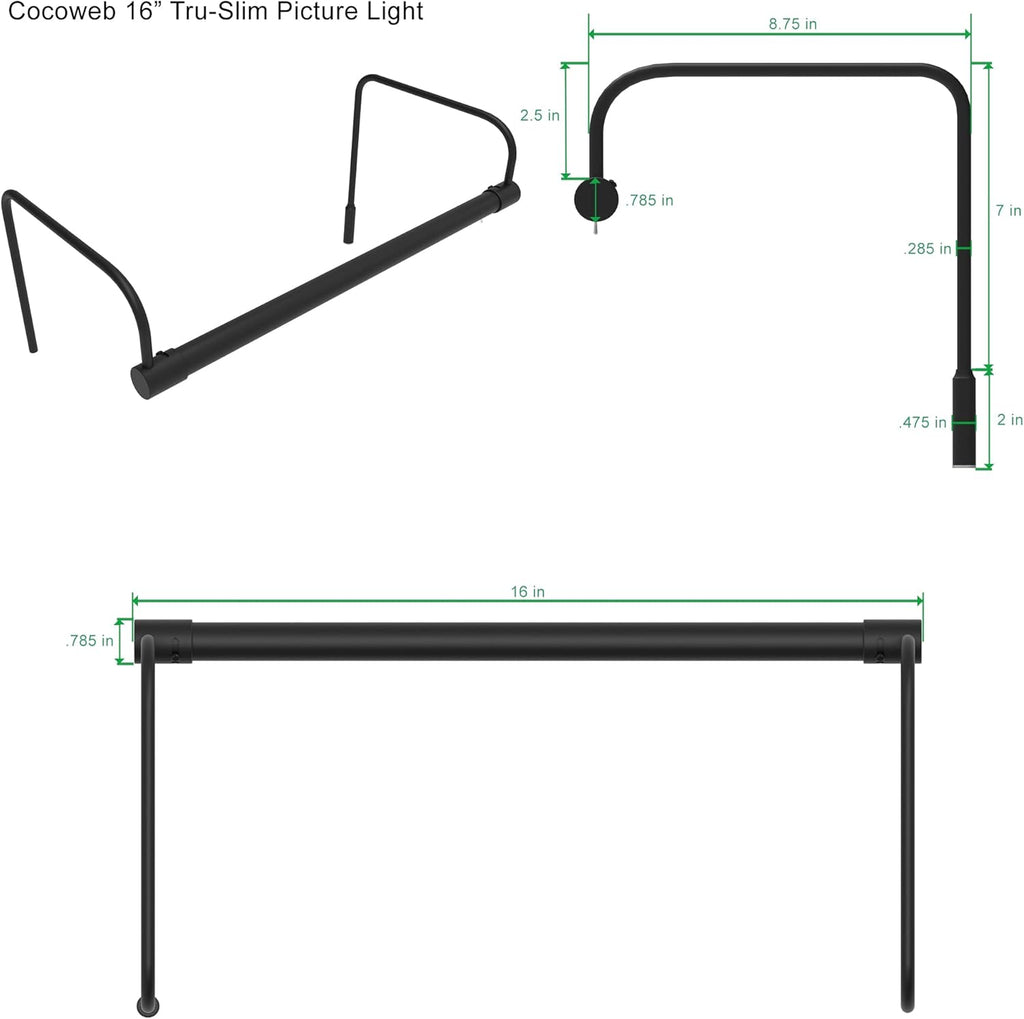 Cocoweb 16 Inch Tru-Slim Black Picture Light - LED, 2700K, Adjustable Arm, Plug-in, Toggle Switch, Sleek and Compact Design