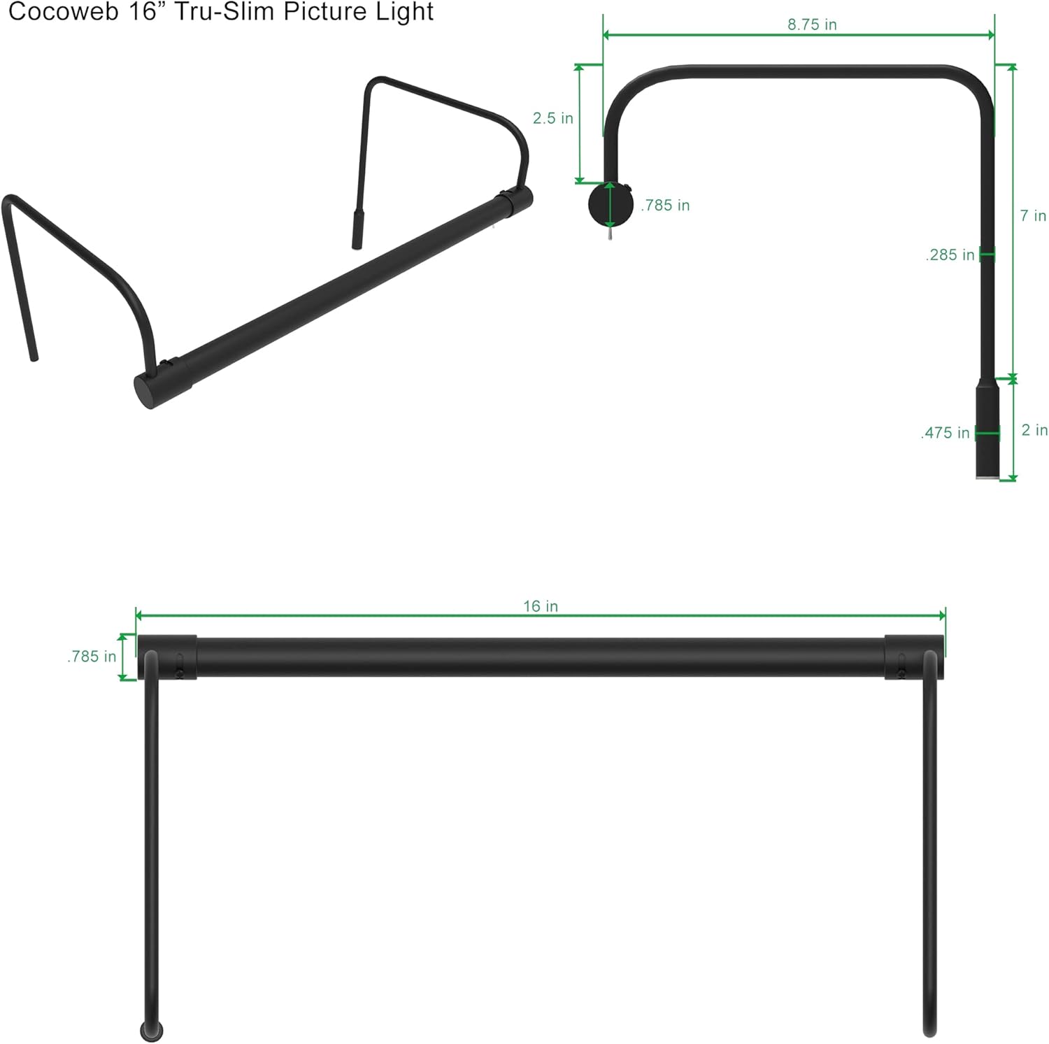 Cocoweb 16 Inch Tru-Slim Black Picture Light - LED, 2700K, Adjustable Arm, Plug-in, Toggle Switch, Sleek and Compact Design