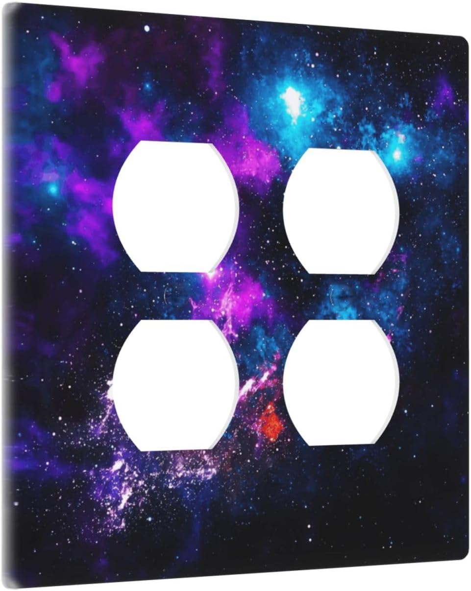 Outer Space Colorful Starry Sky Galaxy Planet Outlet Covers 2 Gang Double Duplex Decorative Light Switch Covers Electrical Wallplates Socket Faceplate for Bed Room Living Room Decor