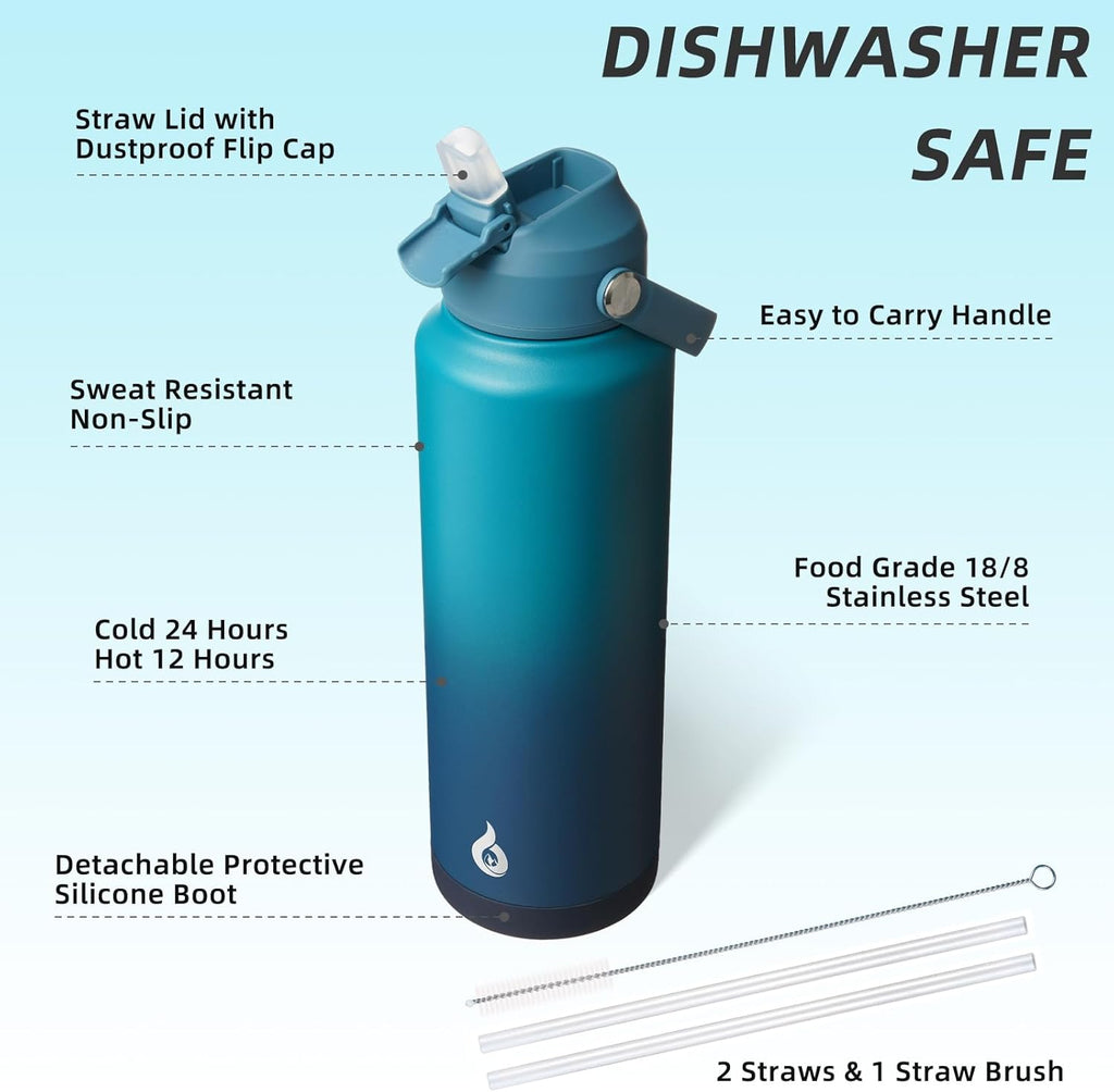 BJPKPK Insulated Water Bottle with Straw Lid, 40oz Large Thermo, BPA Free Leak Proof Stainless Steel Metal Water Bottles, Tumblers, Cups, Flasks for Travel, Sports,Vast