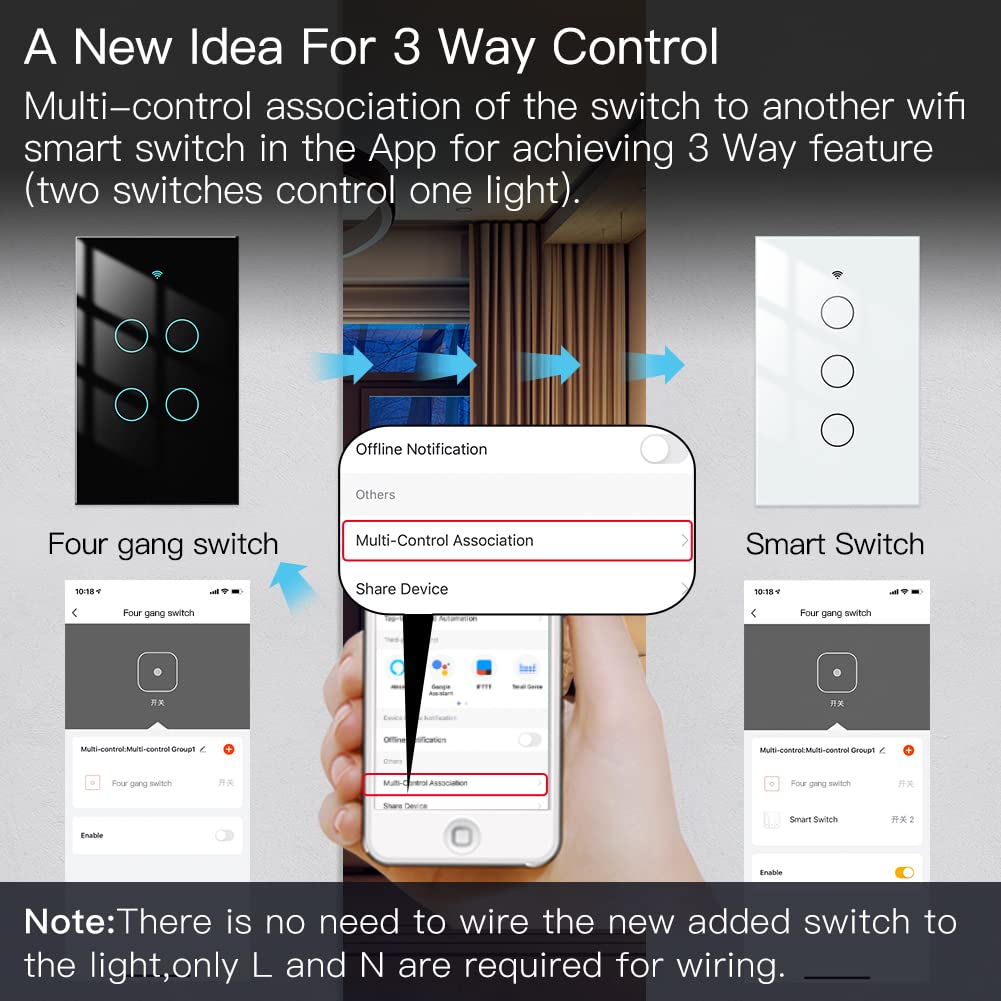 MOES 2.4GHz WiFi Wall Touch Smart Switch Neutral Wire Required, 3 Way Multi-Control, Glass Panel Light Switch Work with Smart Life/Tuya App, RF433 Remote Control, Alexa and Google Home Black 4 Gang