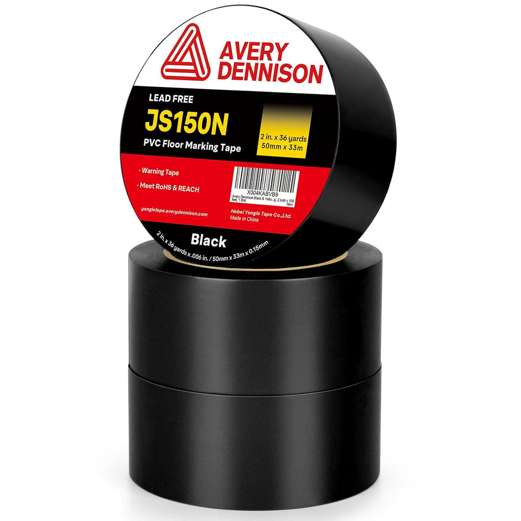 Avery Dennison Floor Marking Tape, 2 Inch x 108 Ft Black Caution Tape, 3 Rolls Heavy Duty Safety Warning Tape, High Adhesion for Indoor/Outdoor | Warehouse, Factory, Parking, Industrial