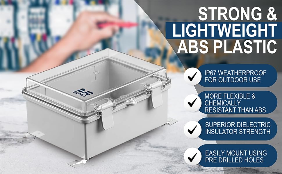 Co. ABS 6.6" x 8.7" x 4.3" Waterproof IP67 Hinged Electronics Box with Mounting Plate, Bracket, and Plastic Cover and Clips