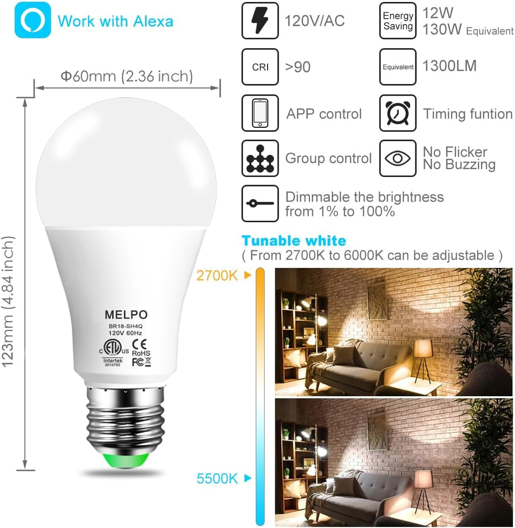 MELPO Alexa Light Bulb 130W Equivalent, Smart Light Bulbs Warm White to Daylight Tunable, A19 E26 Bluetooth LED Bulbs Controlled by BRmesh APP and Alexa only, Timing, Flicker-Free（8 Pack (8)