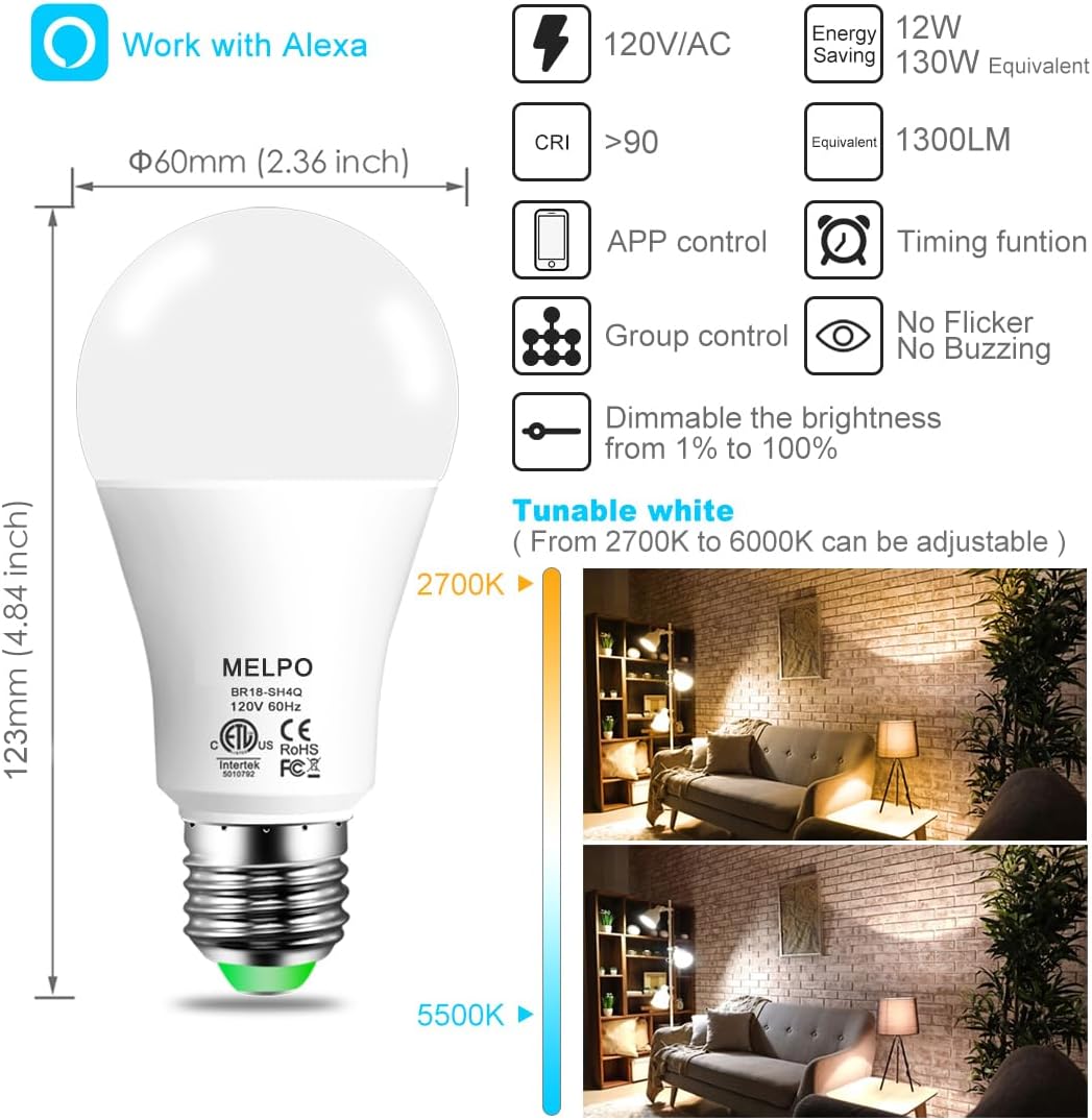 MELPO Alexa Light Bulb 130W Equivalent, Smart Light Bulbs Warm White to Daylight Tunable, A19 E26 Bluetooth LED Bulbs Controlled by BRmesh APP and Alexa only, Timing, Flicker-Free（8 Pack (8)