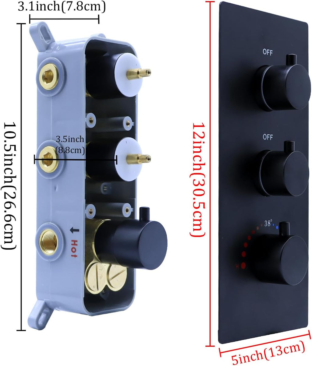 2 Function Shower Thermostatic Valve 3 Round Knob Valve Body Can Control Water Volume and Work at the Same Time Concealed Brass Bathroom Valve Replacement Rough-In Valves (Matte Black, 2-Way)