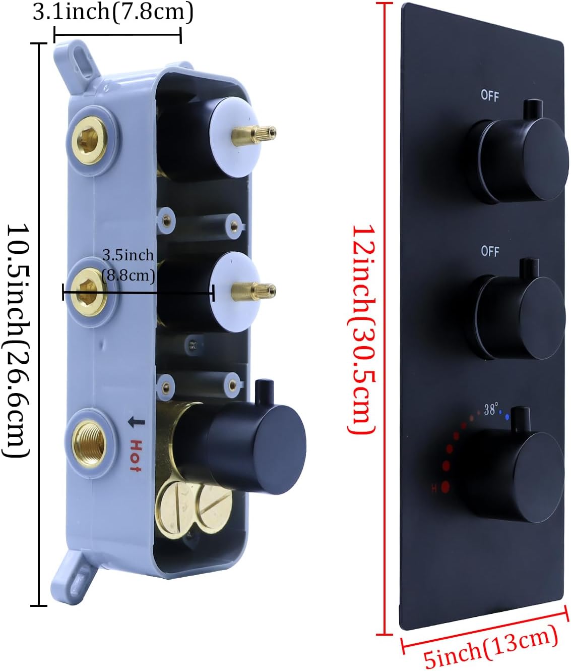 2 Function Shower Thermostatic Valve 3 Round Knob Valve Body Can Control Water Volume and Work at the Same Time Concealed Brass Bathroom Valve Replacement Rough-In Valves (Matte Black, 2-Way)