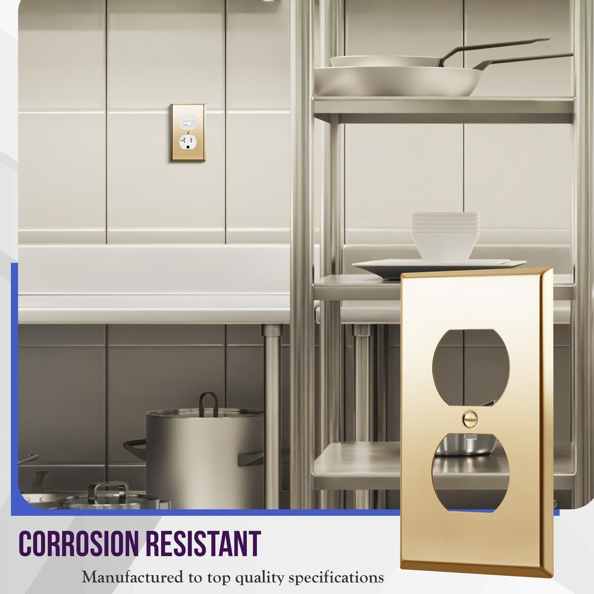 ENERLITES Duplex Receptacle Outlet Metal Wall Plate, Stainless Steel Outlet Cover, Corrosion Resistant, Size 1-Gang 4.50" x 2.76", 7721-PB, Stainless Steel 201, Polished Brass, Gold