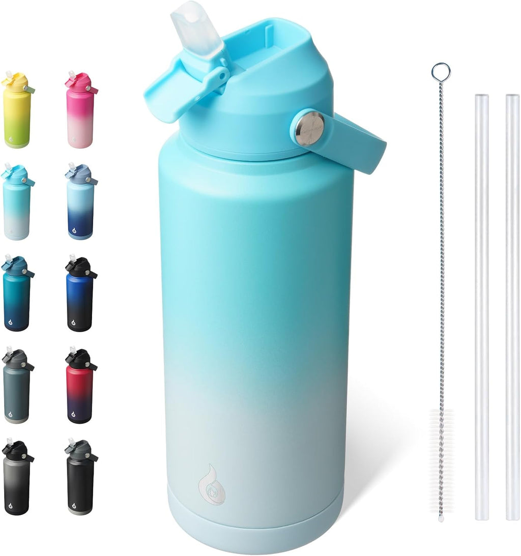 BJPKPK Water Bottle with Straw Lid, 32oz Vacuum Insulated Water Bottles, Metal Stainless Steel Thermo for Sports, Travel, BPA Free Leak Proof Thermo, Cups, Flasks, Tumblers,Sea Salt