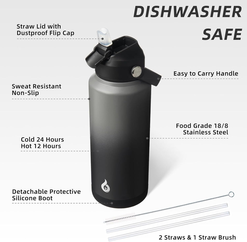 BJPKPK Water Bottle with Straw Lid, 32oz Vacuum Insulated Water Bottles, Metal Stainless Steel Thermo for Sports, Travel, BPA Free Leak Proof Thermo, Cups, Flasks, Tumblers,Black Grey