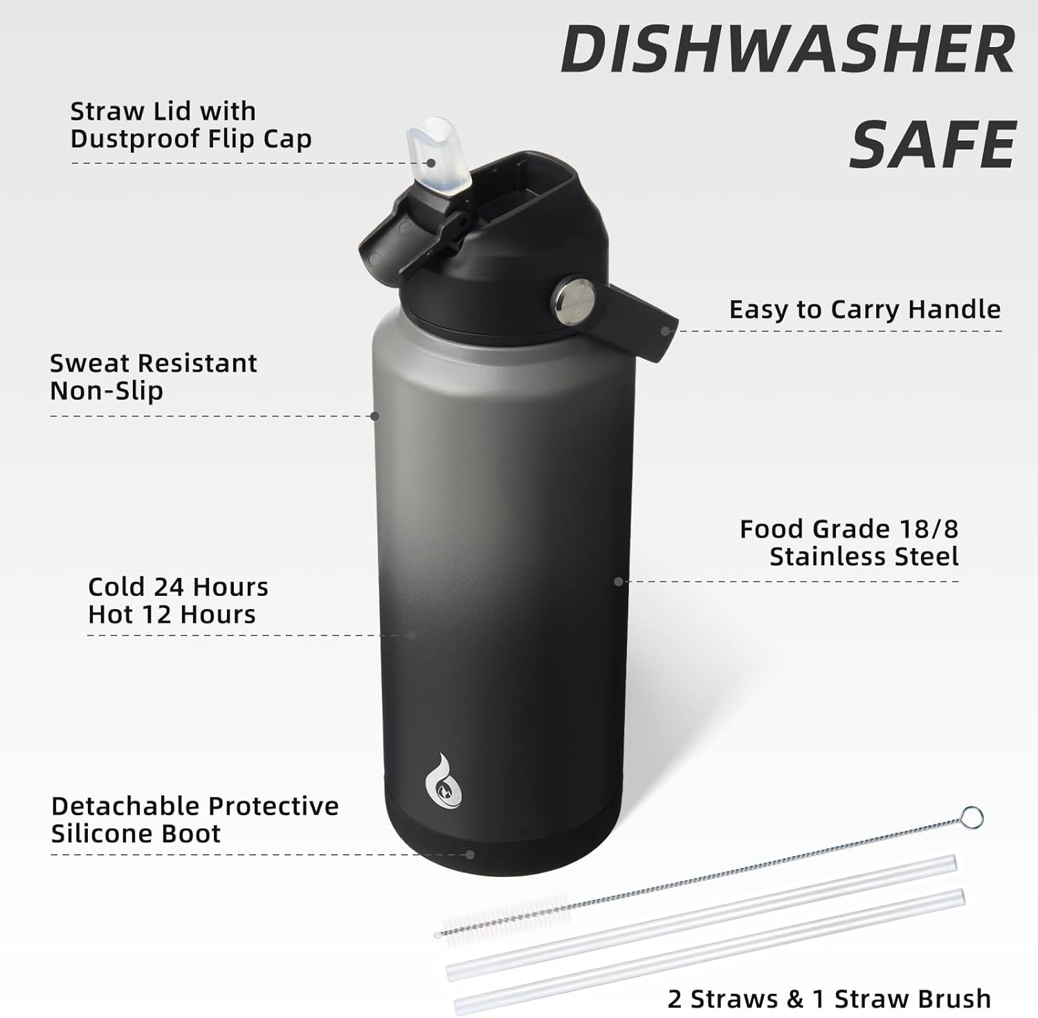 BJPKPK Water Bottle with Straw Lid, 32oz Vacuum Insulated Water Bottles, Metal Stainless Steel Thermo for Sports, Travel, BPA Free Leak Proof Thermo, Cups, Flasks, Tumblers,Black Grey