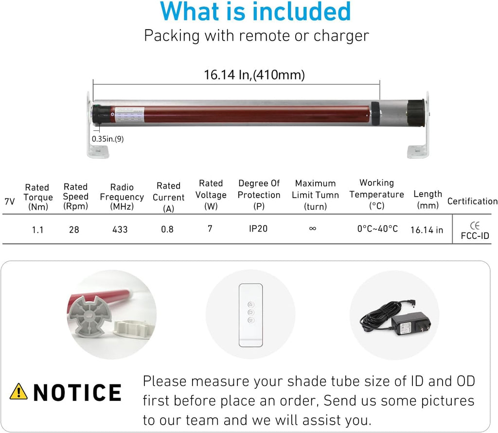 Rollerhouse 1.75"/45mm Roller Shade Battery Powered Motor with Remote Control for Solar Roller Shades Windows