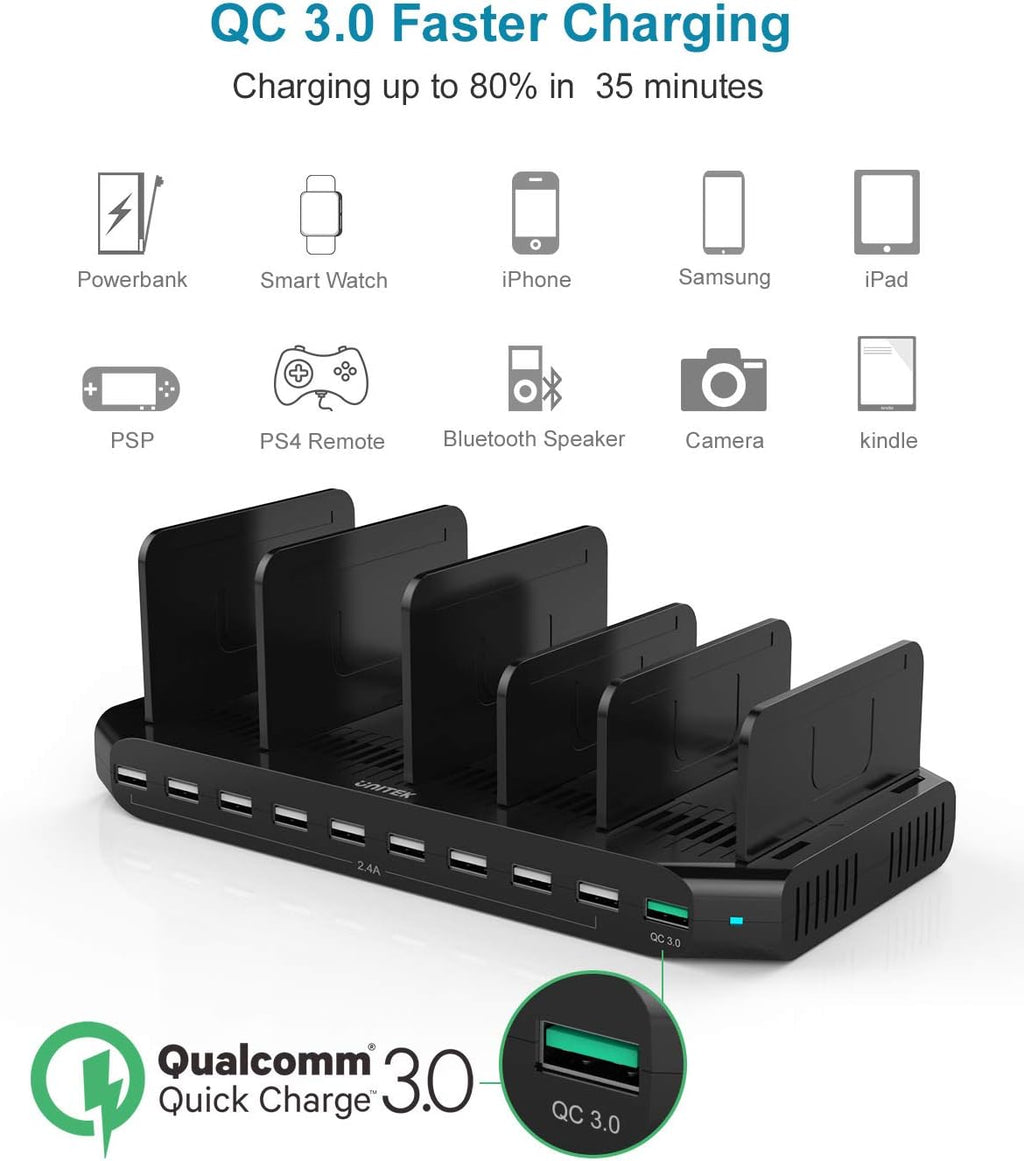 Unitek Fast Charging Station with Quick Charge 3.0, Multi USB Charger Station for Multiple Devices, iPhone, iPad, Tablet, Kindle-Black(UL Certified)