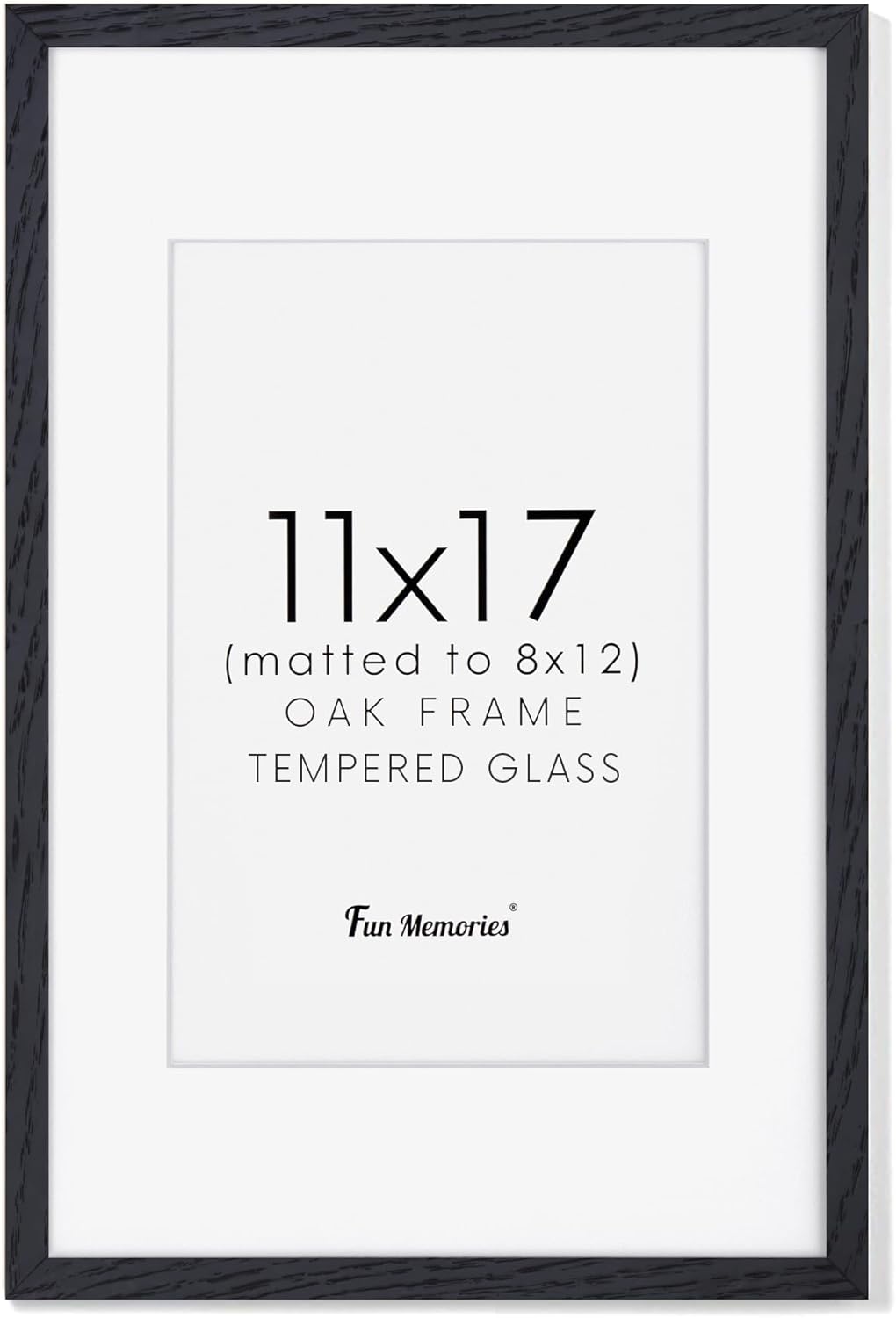 Fun Memories 11x17 Oak Wood Picture Frame in Black, 11"x17" Poster Frame for Wall, Wood Photo Frame 11 x 17 with Tempered Real Glass, 11x17 Frame Matted to 8x12 - Black Color, 1 Pack