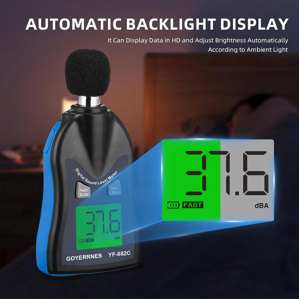 Handheld Decibel Meter, Digital Sound Level Meter 30-130dBA SPL Decibel Monitoring Tester Sound Meter Noise Decibel Reader with Max/Min Hold Data Sensor LCD Backlight Display for Home Factory