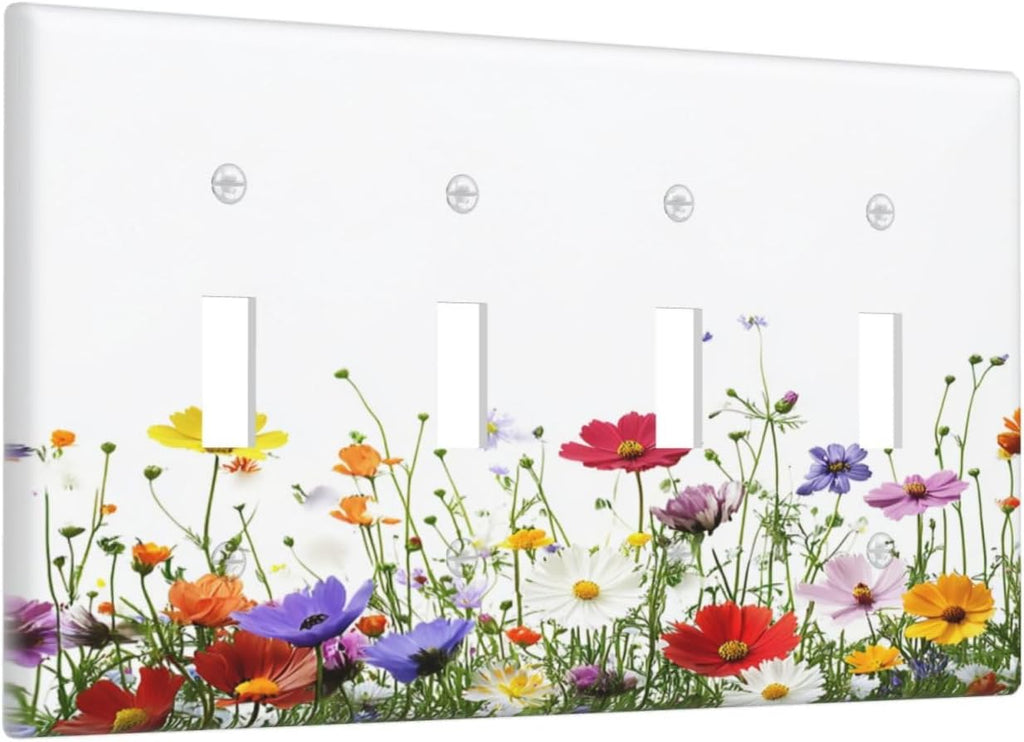 Light Switch Covers Colorful Wildflowers Plant Floral Daisy Quad Toggle Electrical Faceplate 4 Gang Wall Plate Decorative Switch Plates For Bed Room Living Room Decor