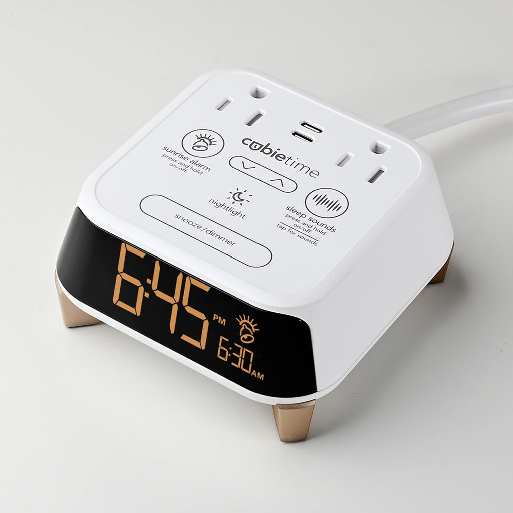 Brandstand CubieTime Zen White | Alarm Clock Charger with White Noise and Sunrise Alarm | 2 USB-C Ports | 2 Tamper Resistant Outlets |Night Light