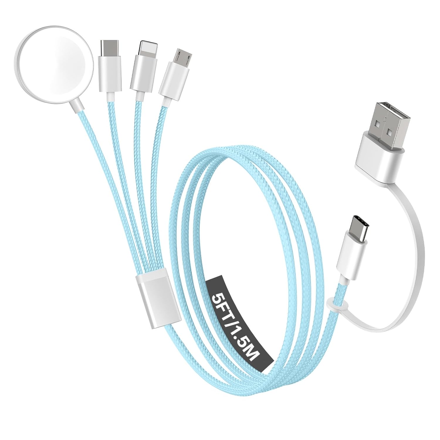 Travel Essentials, 4 in 2 Multi Charging Cable for Apple Watch Charger/iPhone Charger,USB C Cable Cord for iPhone 17-11/iWatch Ultra/10-2/Galaxy S25-S20, Android Phones, MP3-Blue,5FT