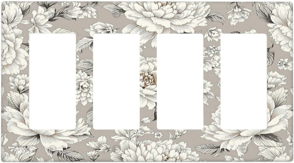 White Poppies Floral Modern Grey Peonies Flowers Wallplates 4 Gang Quad Rocker Decorative Light Switch Covers Electrical GFCI Faceplate Switch Plate for Bedroom Bathroom Decor