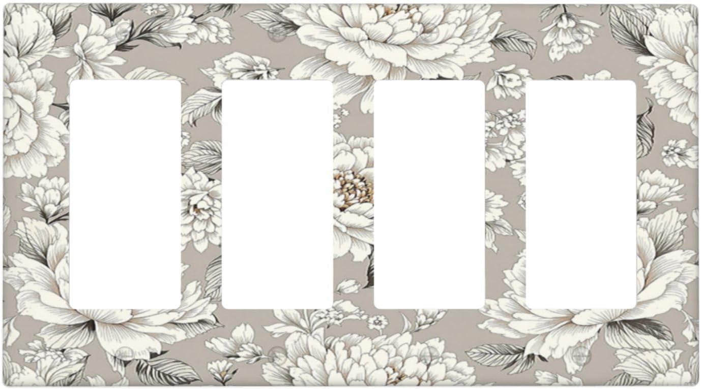 White Poppies Floral Modern Grey Peonies Flowers Wallplates 4 Gang Quad Rocker Decorative Light Switch Covers Electrical GFCI Faceplate Switch Plate for Bedroom Bathroom Decor