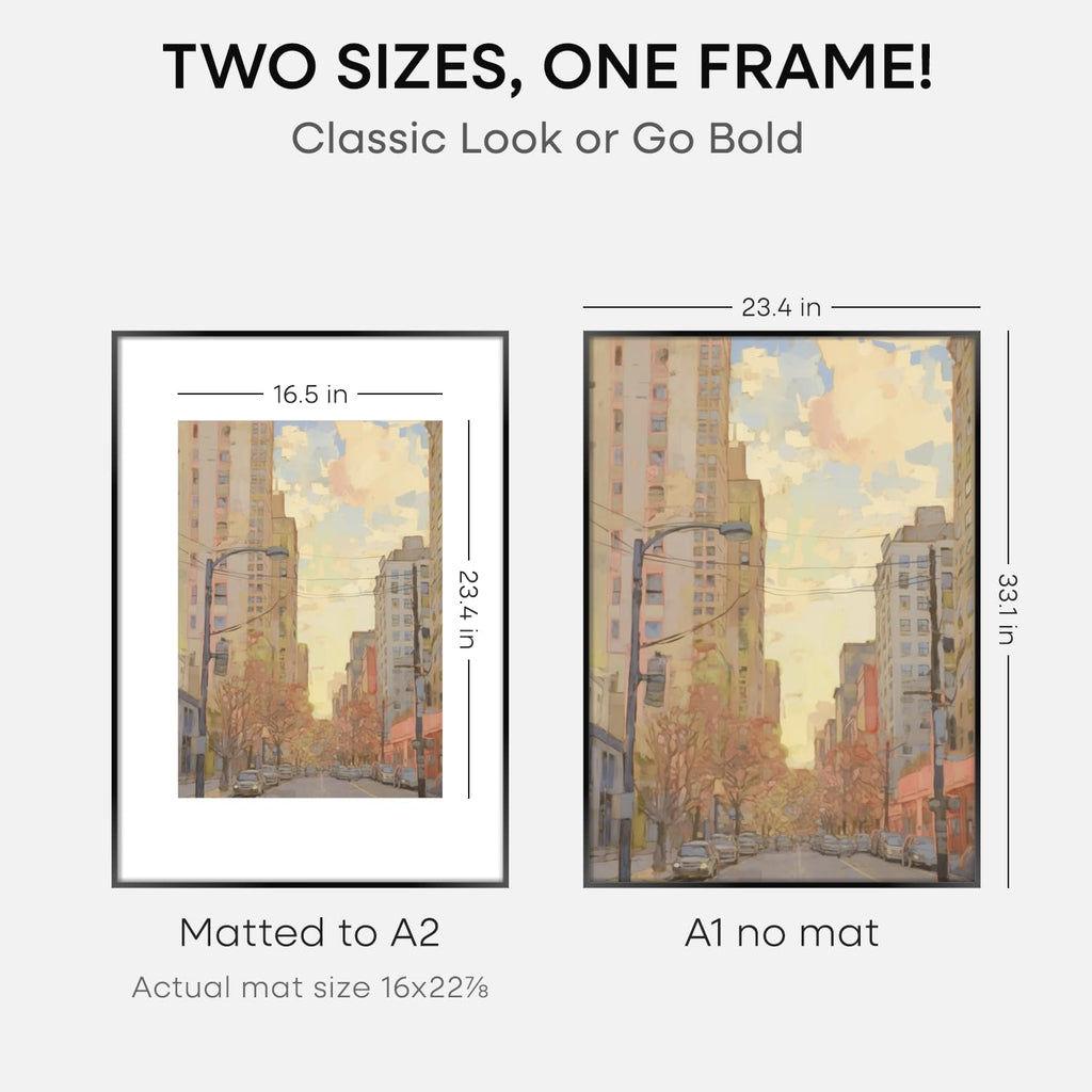 Homeforia A1 Poster Frame Black, High End Metal 23.4 x 33.1 inch Large Picture Frames with Mat 16.5 by 23.4 for Photo, A1 Size Frames Matted to A2 Print, 23.4x33.1 Thin Frame, Tempered Glass, Set of 2