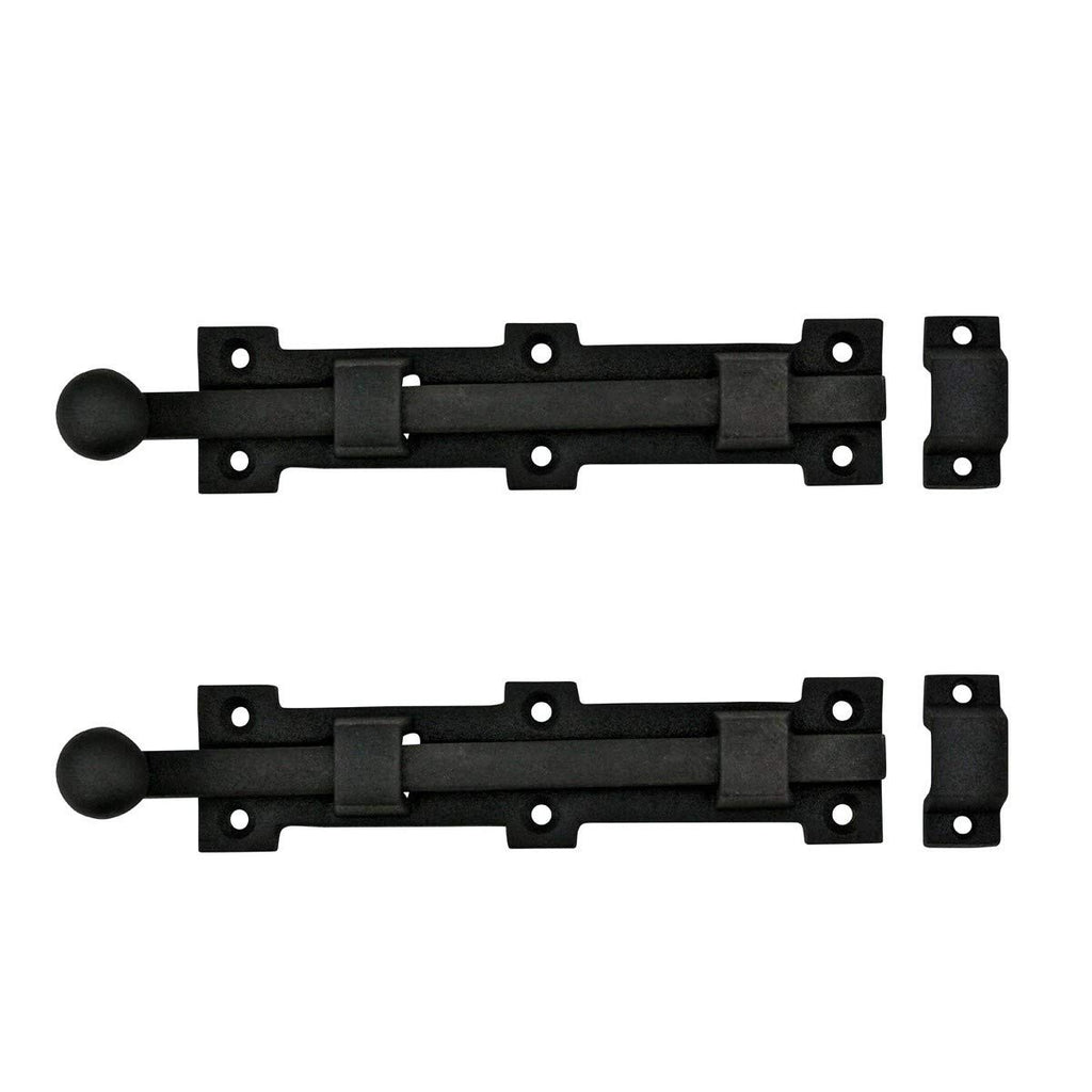 Renovators Supply Manufacturing Slide Bolt Latch 8 3/4 in. Black Wrought Iron Ball Tip Style Slide Bolt with Mounting Hardware Pack of 2