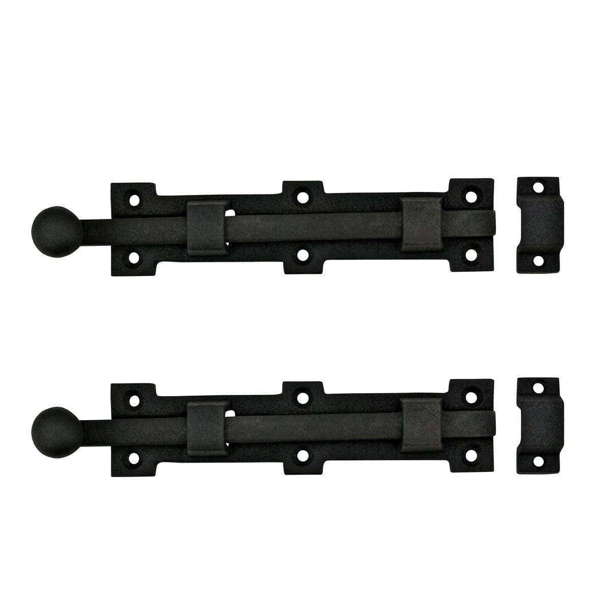 Renovators Supply Manufacturing Slide Bolt Latch 8 3/4 in. Black Wrought Iron Ball Tip Style Slide Bolt with Mounting Hardware Pack of 2