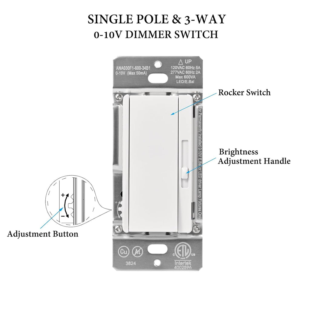 0-10V LED Dimmer Switch for 0-10V Dimmable LED Lights, Single-Pole or 3-Way, Wallplate Included, ETL Listed