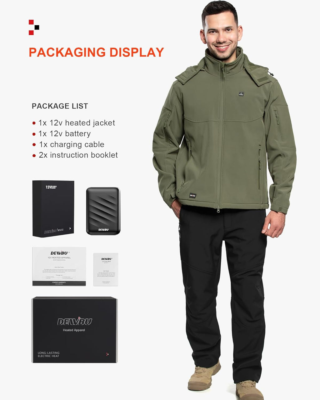DEWBU Soft Shell Heated Jacket for Men with 12V Battery Pack and Detachable Hood Outdoor Electric Heating Coat