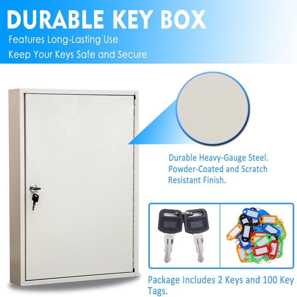 UMEKEN Key Box Wall Mount 100 Position Metal Valet Car Key Cabinet Lock Box with Key Tags, Vehicle Key Holder Lockbox Key Organizer Safe Storage Locker Box, Cream