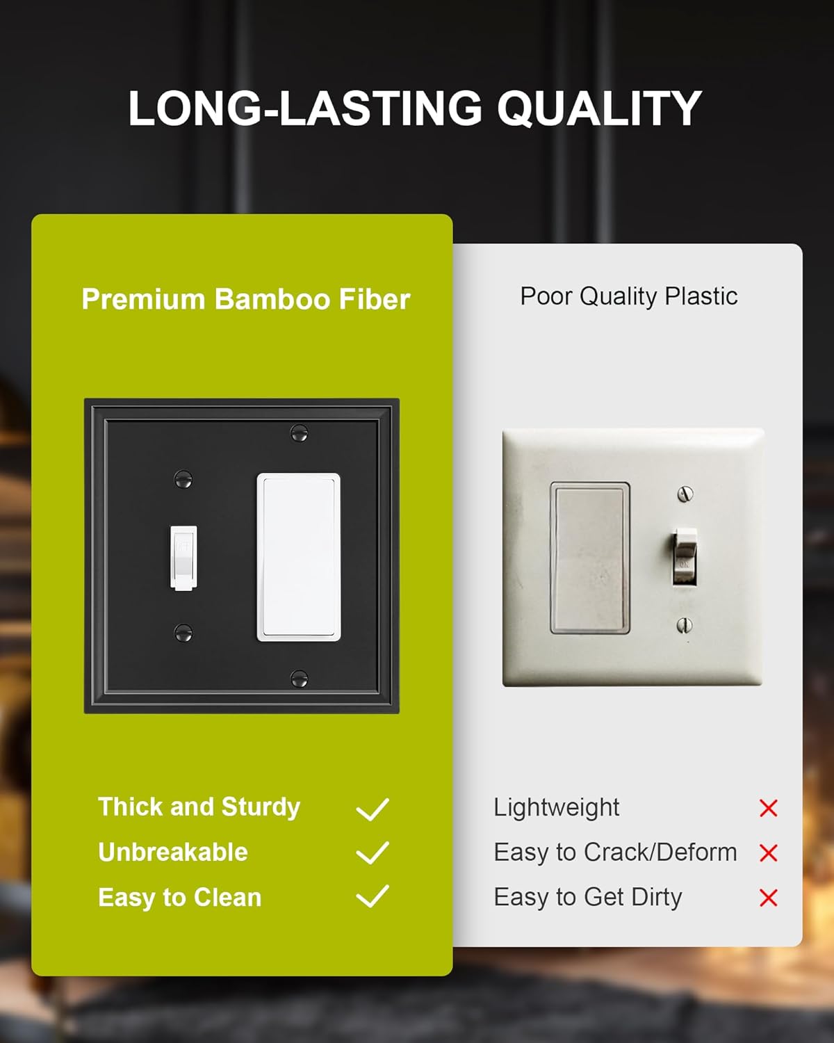 2-Pack Combo Toggle/Decorator Light Switch Cover Plate, Black Modern Decorative Electrical Outlet Covers, Bamboo Fiber Wall Switch Plates and Outlet Covers