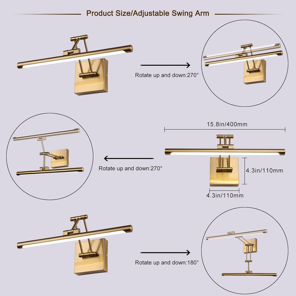 Hard-Wired Picture Light Dimmable LED Picture Lights for Paintings 15.7 Inch Brass Metal Body Wall Pictures with Adjustable Gold Swing Arm Art Display Lamps 7W 3000K Warm White Book Light