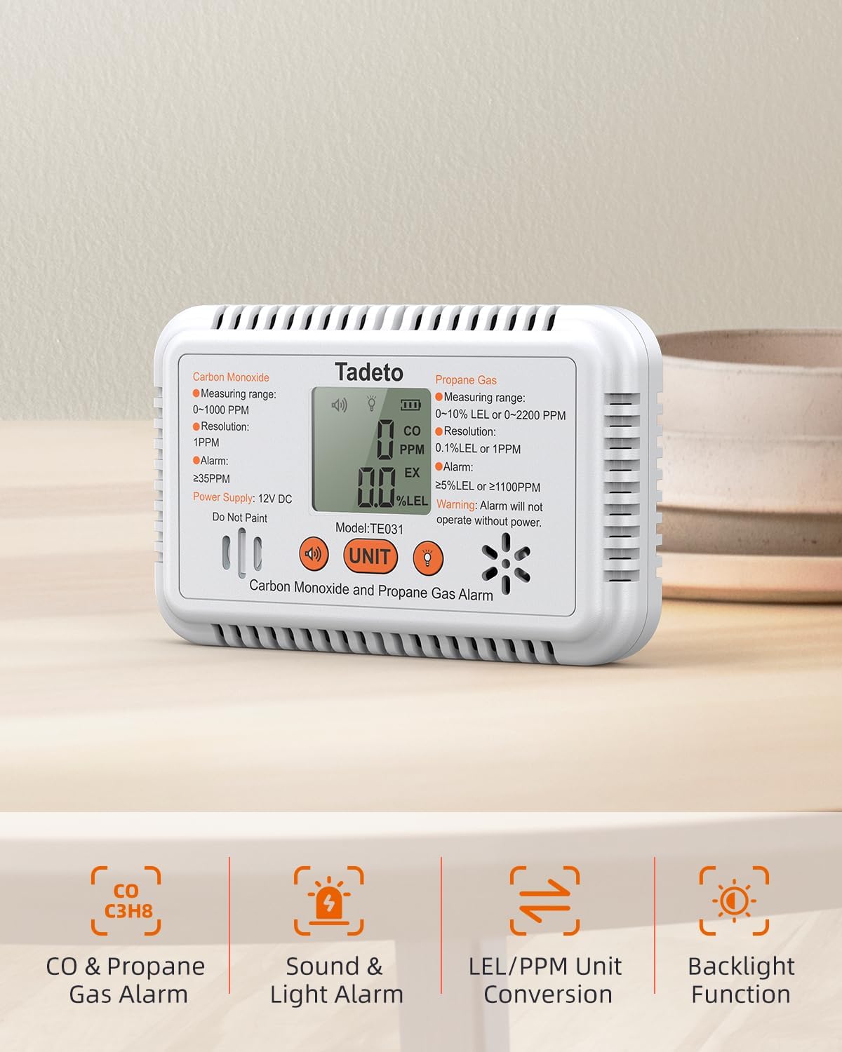 Tadeto RV Carbon Monoxide and Propane Gas Alarm, 12V DC Hardwired CO/LPG Gas Leak Alarm with Light and Audible Indicator, RV Propane Detector with Reset/Backlight for RV/Trailer/Camper