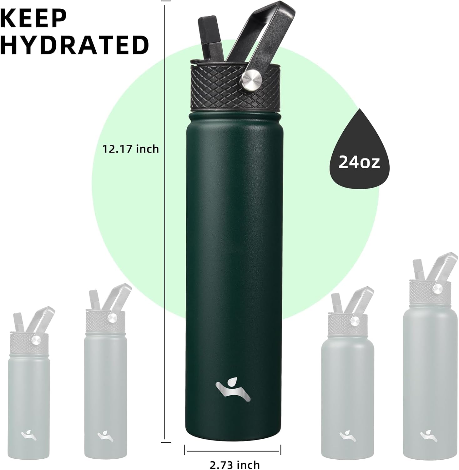 Insulated Water Bottle 24oz Stainless Steel Sport Bottles with 3 Lids,Army Green