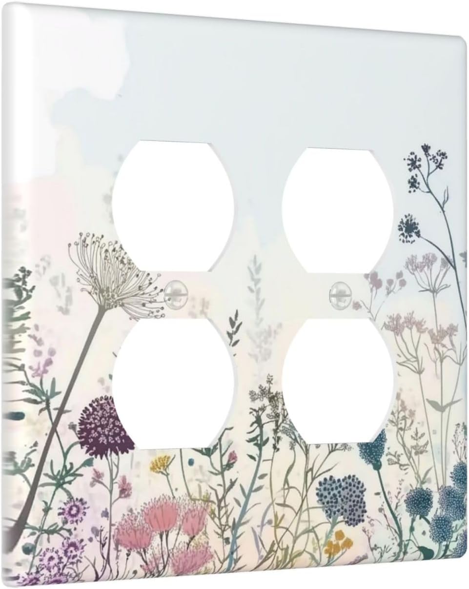 Colorful Wildflower Watercolor Dandelion Floral Outlet Covers 2 Gang Double Duplex Decorative Light Switch Covers Electrical Wallplates Socket Faceplate For Cabin Home Decor