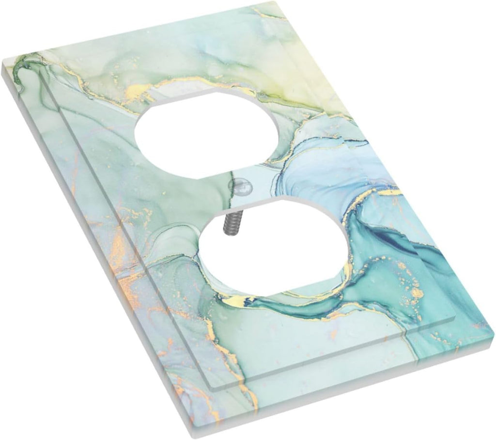 Outlet Covers Teal Gold Marbling Turquoise 1 Gang Duplex Wall Plate Decorative Switch Plates Electrical Receptacle Faceplate Light Switch Cover for Bathroom living Room Decor