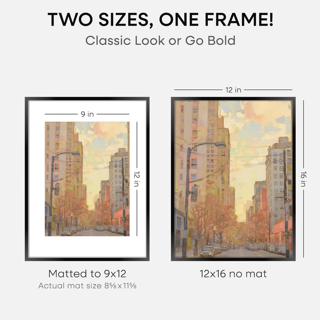 Homeforia 12x16 Picture Frame Black, High End Metal 12x16 Poster Frames with Mat 9x12 for Photo, 12 x 16 Black Frame Matted to 9 by 12 inch Print, 16x12 Thin Frames, Tempered Glass, Wall Kit, Set of 2