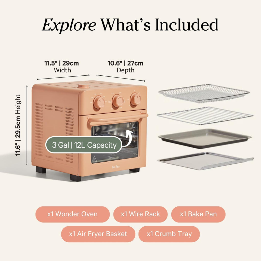 Our Place Wonder Oven | 6-in-1 Stainless Steel Air Fryer Toaster Oven Combo with Basket, Rack, Pan & Tray | Compact 13 QT Countertop Capacity - Toast, Roast, Bake, Reheat, Broil & Steam | Spice