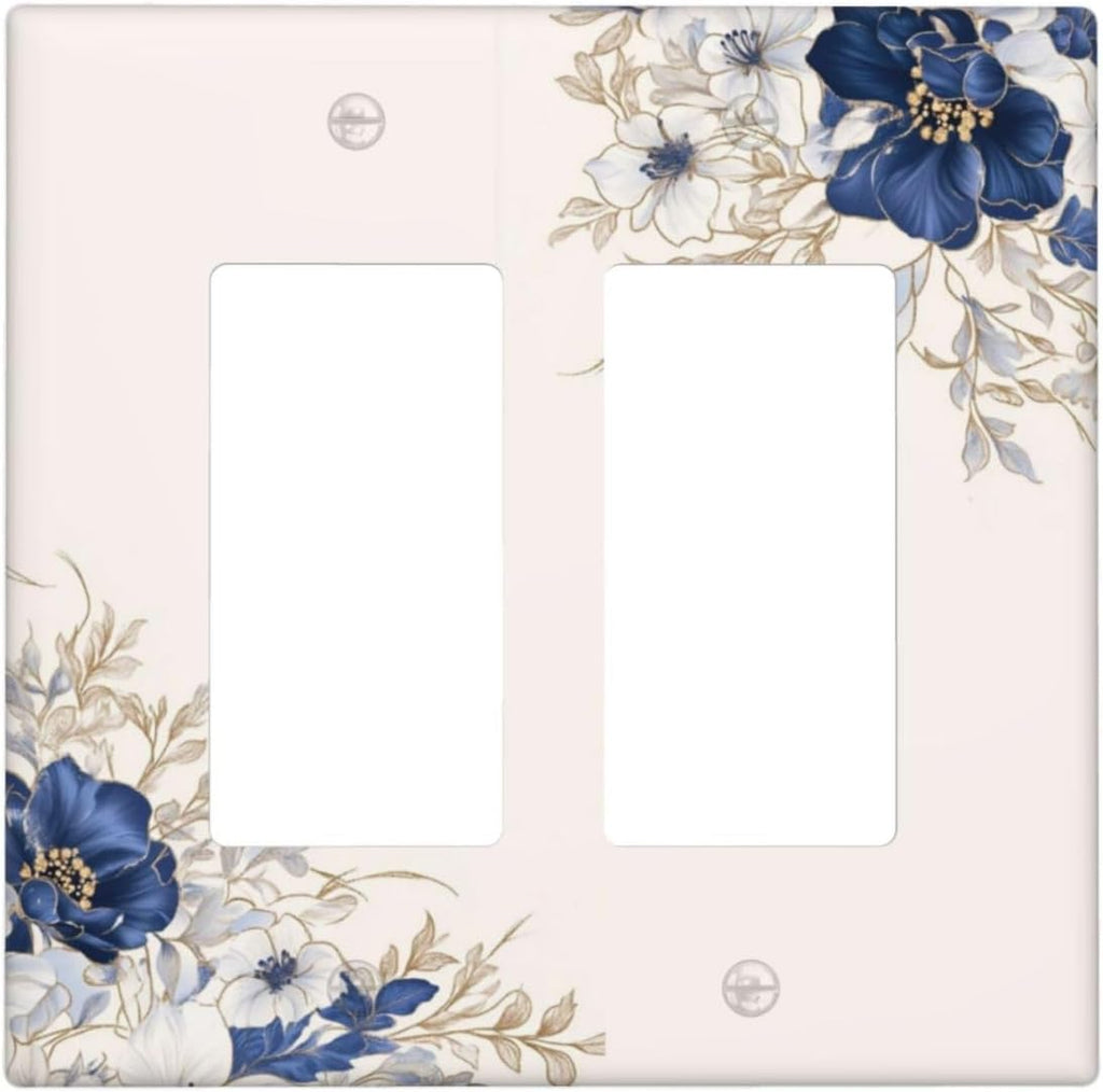 Decorative Outlet Covers Rustic Blue Beige Flower Peony Floral 2 Gang Light Switch Cover Plate Double Rocker Wall Plates for Electrical Outlets Switch Plate Covers for Bedroom Home Decor