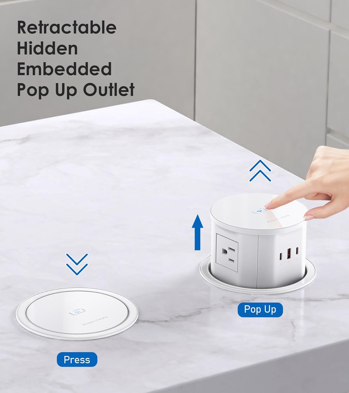 ANNQUAN 4.75" Pop Up Outlet with 65W USB-C,15W Wireless Charger,4 Outlets,3 USB Ports,Pop Up Countertop Receptacle Outlet for Home Office Kitchen