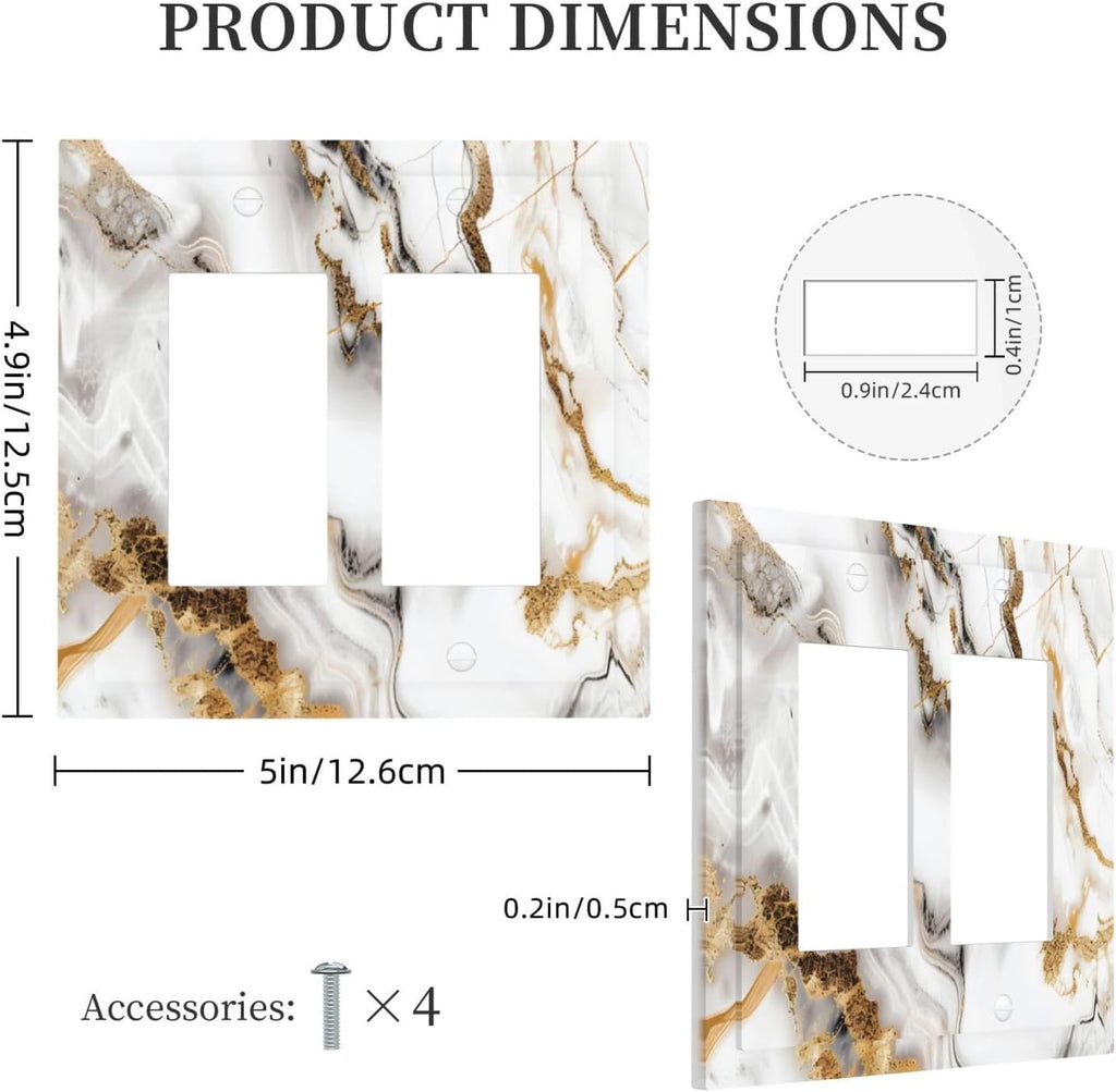 Luxurious Marble Abstract White Gold Tile Modern Simplicity Decorative Outlet Covers 2 Gang Double GFCI Rocker Electrical Wall Panels Light Switch Cover Plate for Bathroom Kitchen Decor