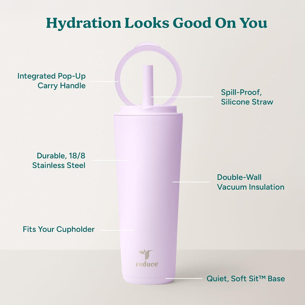 REDUCE Halo 24 oz Stainless Steel Vacuum Insulated Tumbler - Spill Proof Travel Mug with Flip Handle Lid - Keeps Drinks Cold for 32 Hrs - Dishwasher Safe - Cupholder Friendly - Lilac Bud