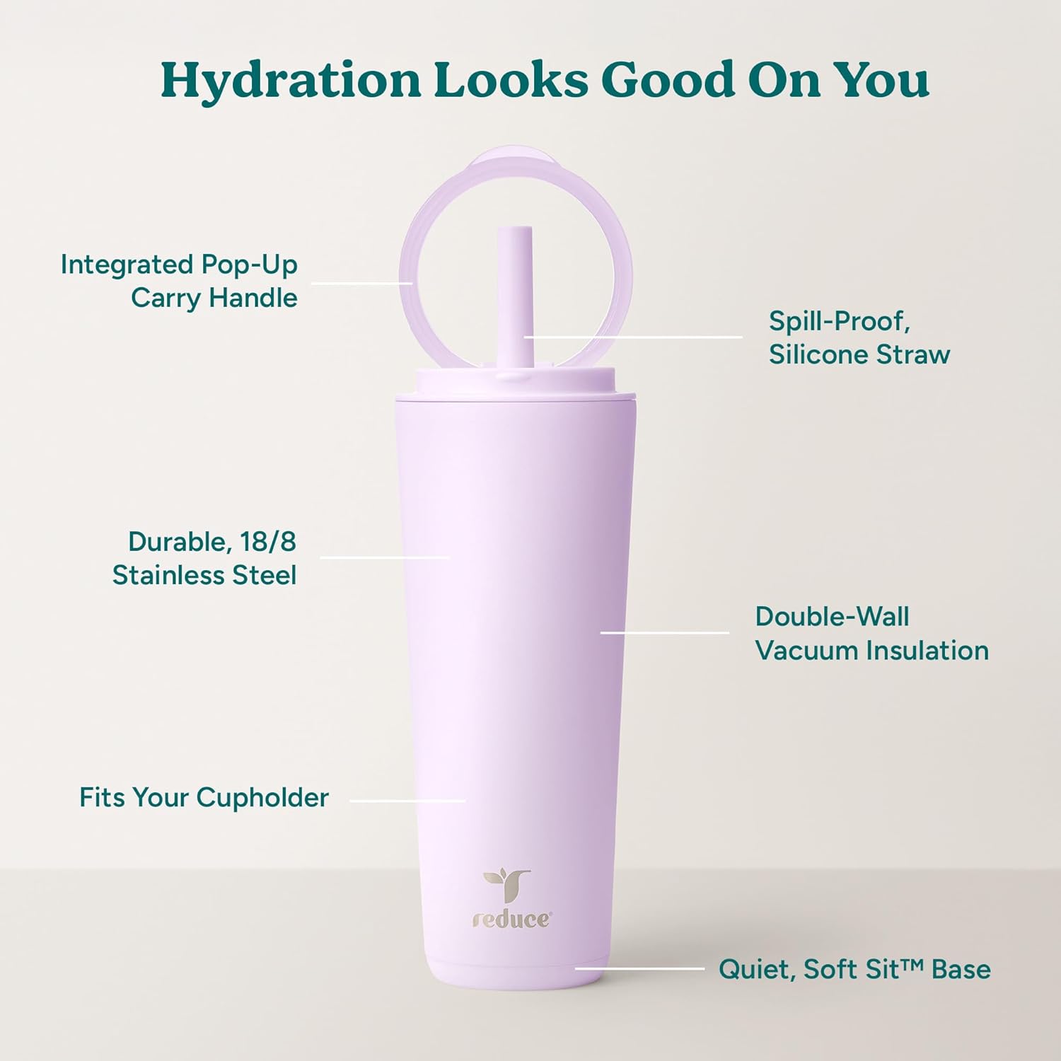 REDUCE Halo 24 oz Stainless Steel Vacuum Insulated Tumbler - Spill Proof Travel Mug with Flip Handle Lid - Keeps Drinks Cold for 32 Hrs - Dishwasher Safe - Cupholder Friendly - Lilac Bud