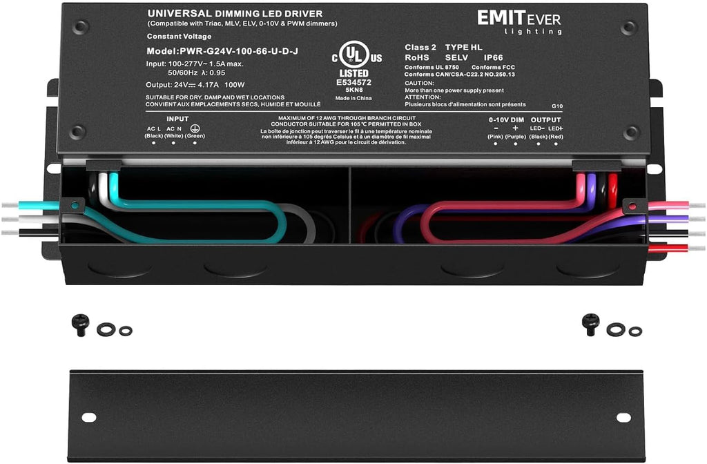 EMITEVER Dimmable Led Driver, 2 Packs 100W AC 110V-277V to DC 24V Transformer, 5-in-1 Dimming: ELV/MLV/TRIAC / 0-10V / 1-10V / 10V PWM/Potentiometer, Waterproof IP67 and UL Listed